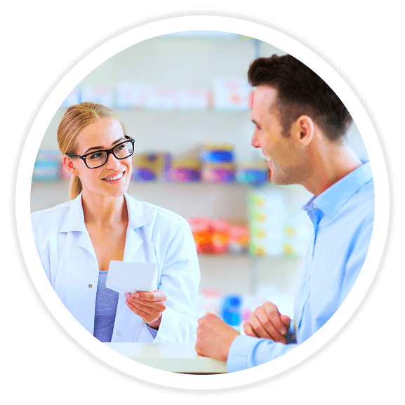 female pharmacist talking to a male